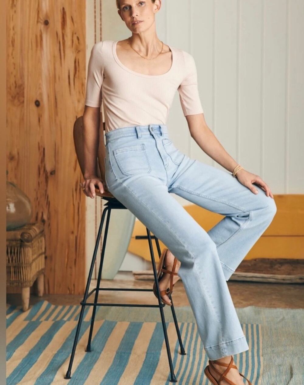 FAHERTY Stretch Terry Patch Pocket Pant Jeans Clear Lake Wash Denim Sz 29 Beachy
